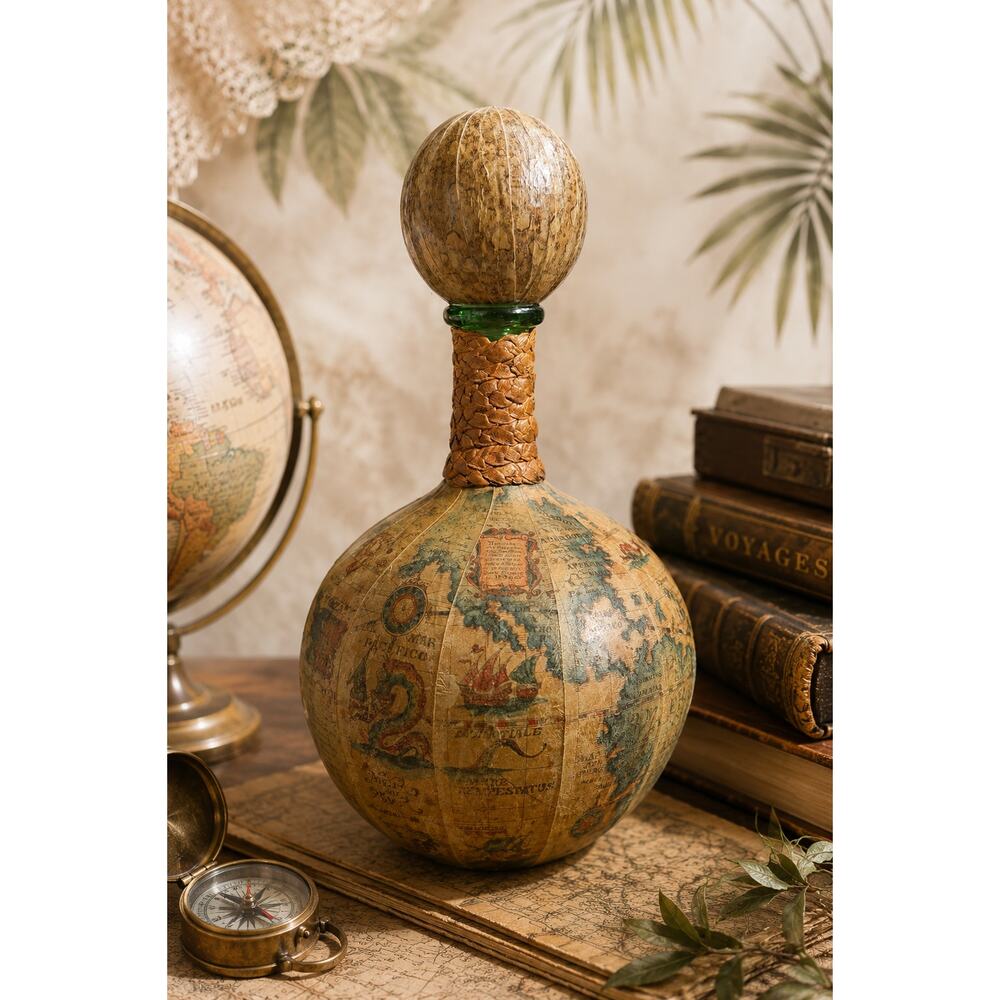 Vintage Italy Leather Wrapped World Map Decanter Globe Stopper Barware